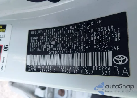 2016 Toyota Corolla Le Plus from USA, damaged, VIN 5YFBPRHE5GP465124